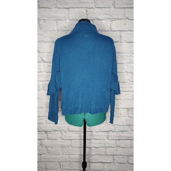 Project Naadam Women's Sweater Blue Long Sleeve Mock Neck Cable Knit Ruffle L - Picture 2 of 6
